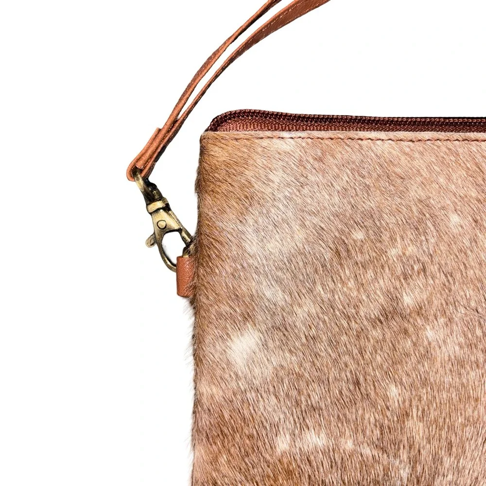 Genuine Cowhide Leather Wristlet Tan White Hide Western Tassel Clutch Bag